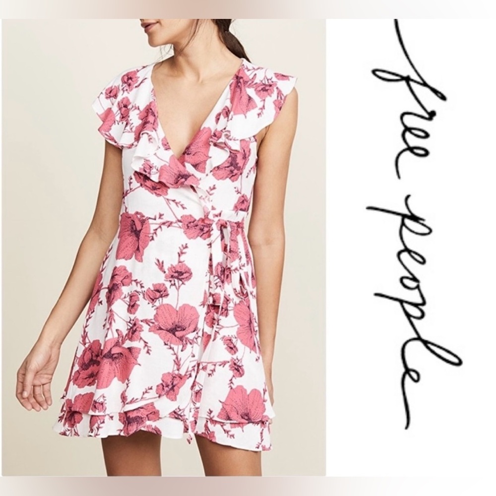 NWOT Free People pink and white Floral Wrap Dress with ruffle, V-neck detail - Picture 3 of 12